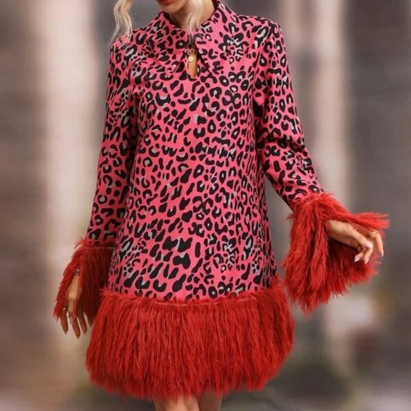 Leopard Print long sleeve Fuzzy Trim Dress - Picture 3 of 7